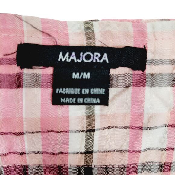 Majora Plaid Scoop Neck Shirt Dress Puff Sleeve Button Front Tie Waist - Size M - Picture 5 of 6